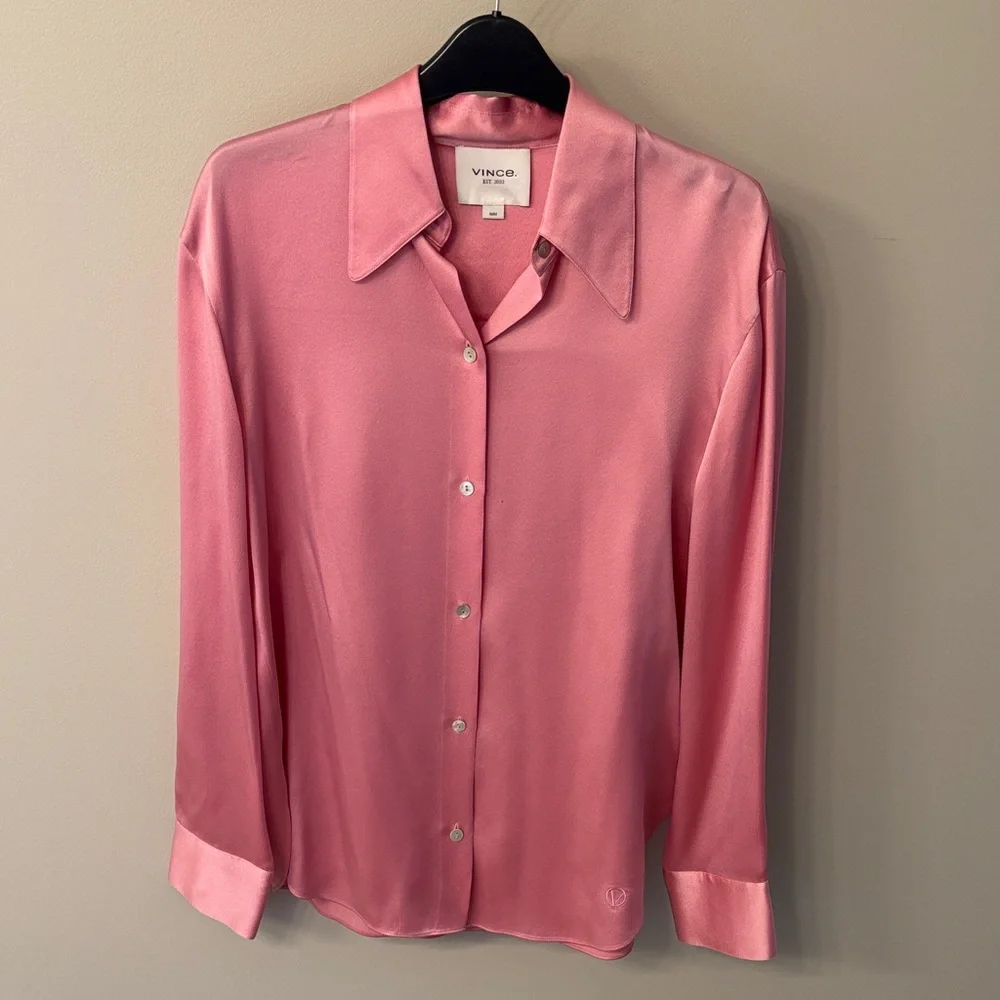 Vince Rose Pink Satin Button-Front Blouse M - Picture 1 of 5